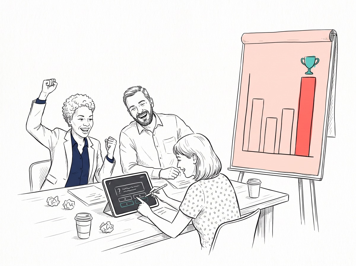 Handgezeichnete Illustration: Drei Kolleginnen und Kollegen spielen gemeinsam ein Security-Quiz am Tablet und jubeln, daneben ein Flipchart mit Bestenliste und Pokal