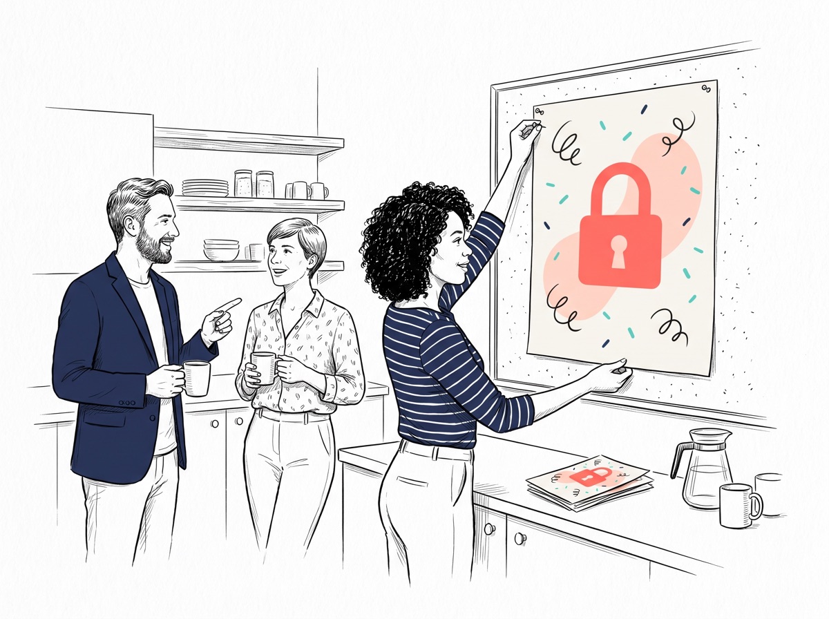 Handgezeichnete Illustration: Eine Mitarbeiterin hängt ein Awareness-Plakat mit Schloss-Motiv in der Kaffeeküche auf, zwei Kollegen unterhalten sich darüber