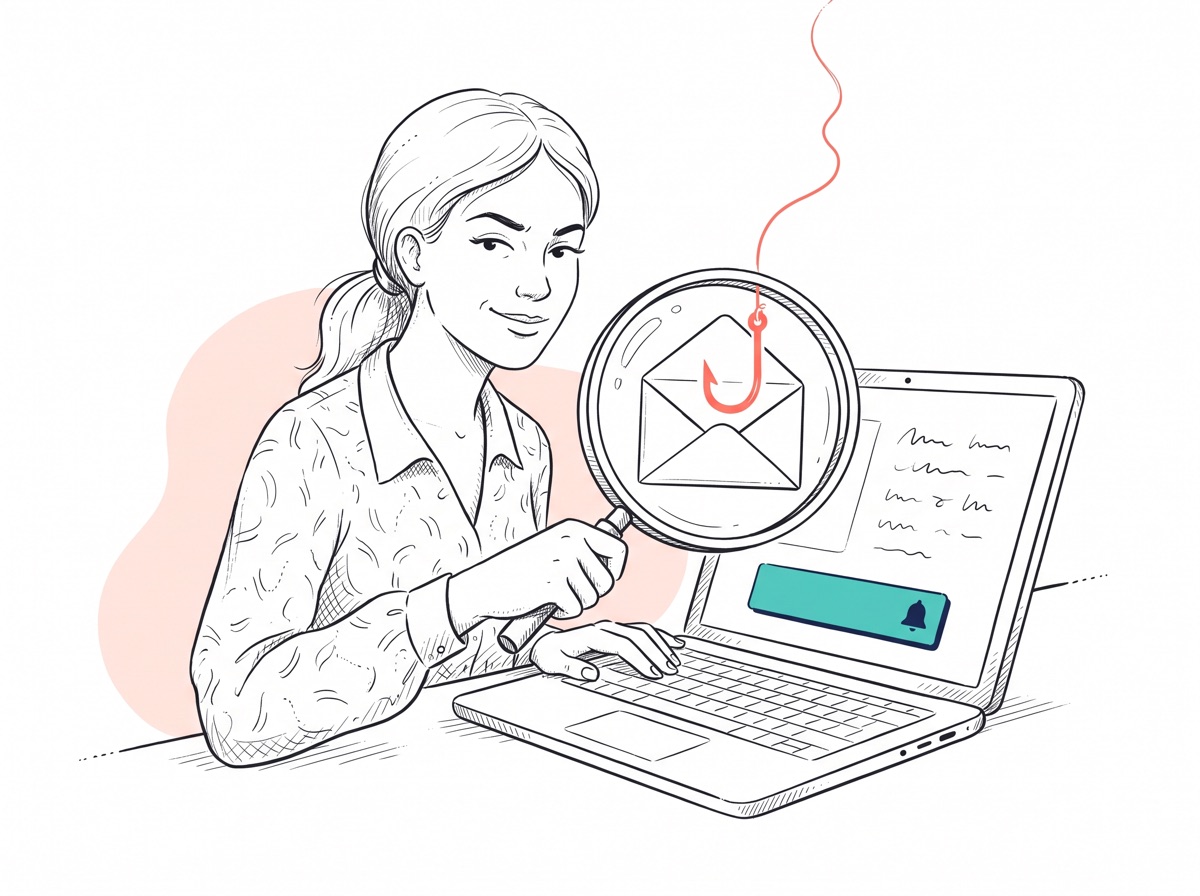 Handgezeichnete Illustration: Eine Mitarbeiterin prüft eine verdächtige E-Mail mit der Lupe, aus dem Umschlag hängt ein Phishing-Angelhaken