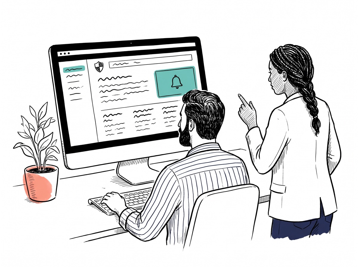 Handgezeichnete Illustration: Ein Mitarbeiter sieht sich ein Security-Portal mit Kacheln und Melde-Button am Monitor an, eine Kollegin zeigt auf den Bildschirm