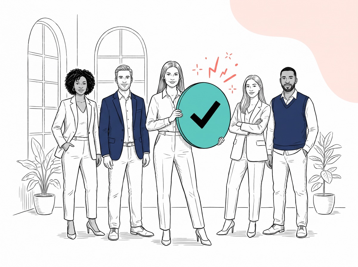 Handgezeichnete Illustration: Fünf Mitarbeitende stehen selbstbewusst als Team zusammen, eine Frau hält einen Schild mit Haken-Symbol, an dem Angriffe abprallen