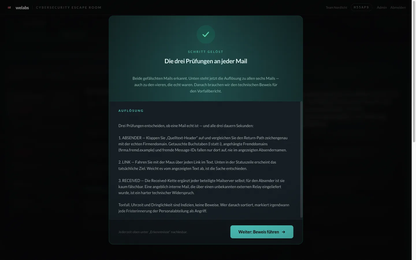 Erfolgsmoment im Escape Room: gelöster Schritt mit ausführlicher Auflösung zu den drei Prüfungen an jeder Mail
