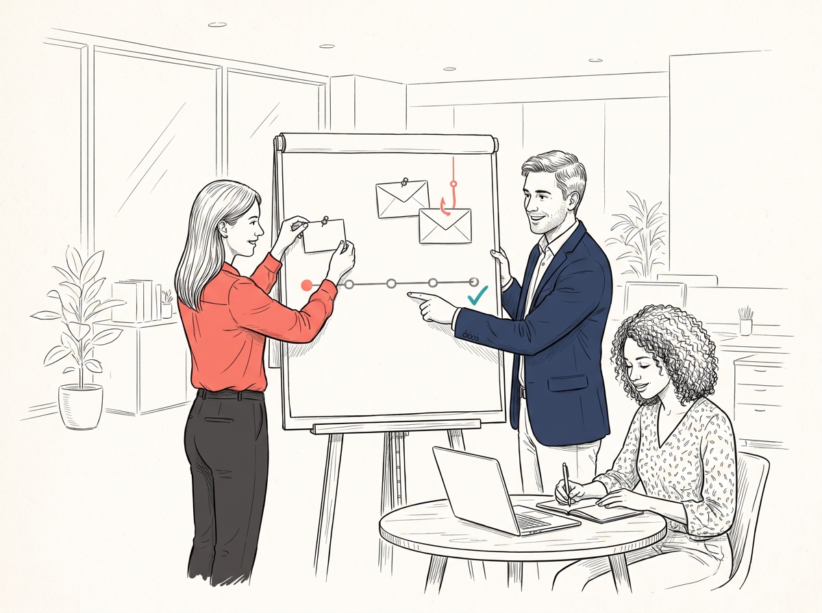 Handgezeichnete Illustration: Drei Kolleg:innen planen an einem Flipchart gemeinsam eine Phishing-Kampagne — an der Zeitleiste hängen Briefumschlag-Karten, an einer davon ein Angelhaken