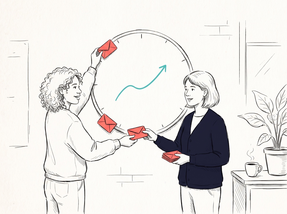 Handgezeichnete Illustration: Zwei Kolleginnen verteilen Briefumschlag-Marker über ein großes Jahresrad an der Wand, in der Mitte eine steigende Linie