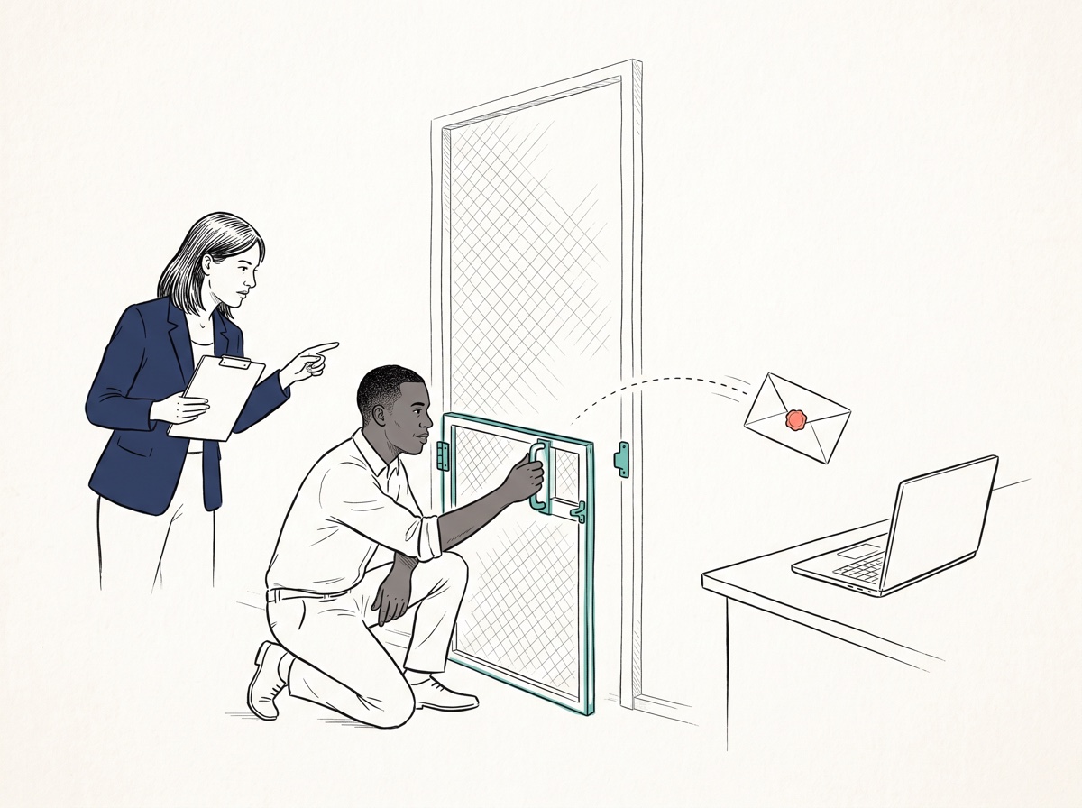 Handgezeichnete Illustration: Eine Beraterin und ein IT-Administrator öffnen gemeinsam ein kleines Tor in einer Filterwand, durch das ein einzelner Briefumschlag zu einem Laptop gelangt