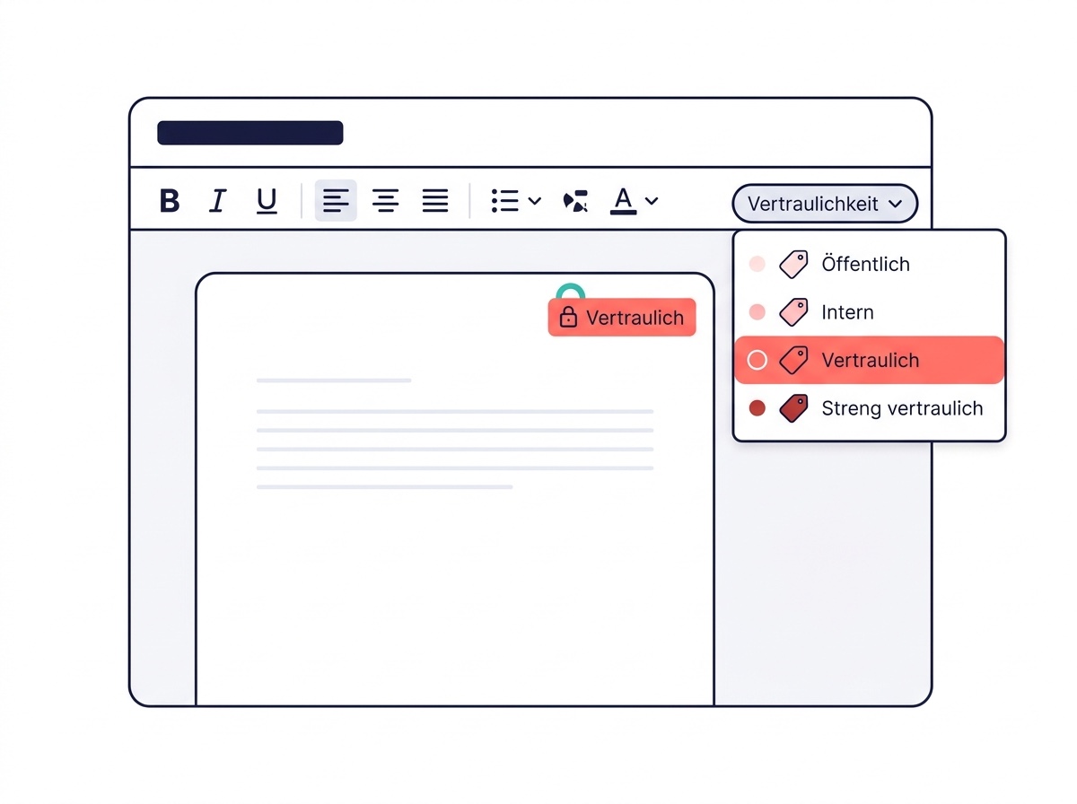 Illustration: Dokument mit geöffnetem Sensitivity-Label-Dropdown „Vertraulichkeit