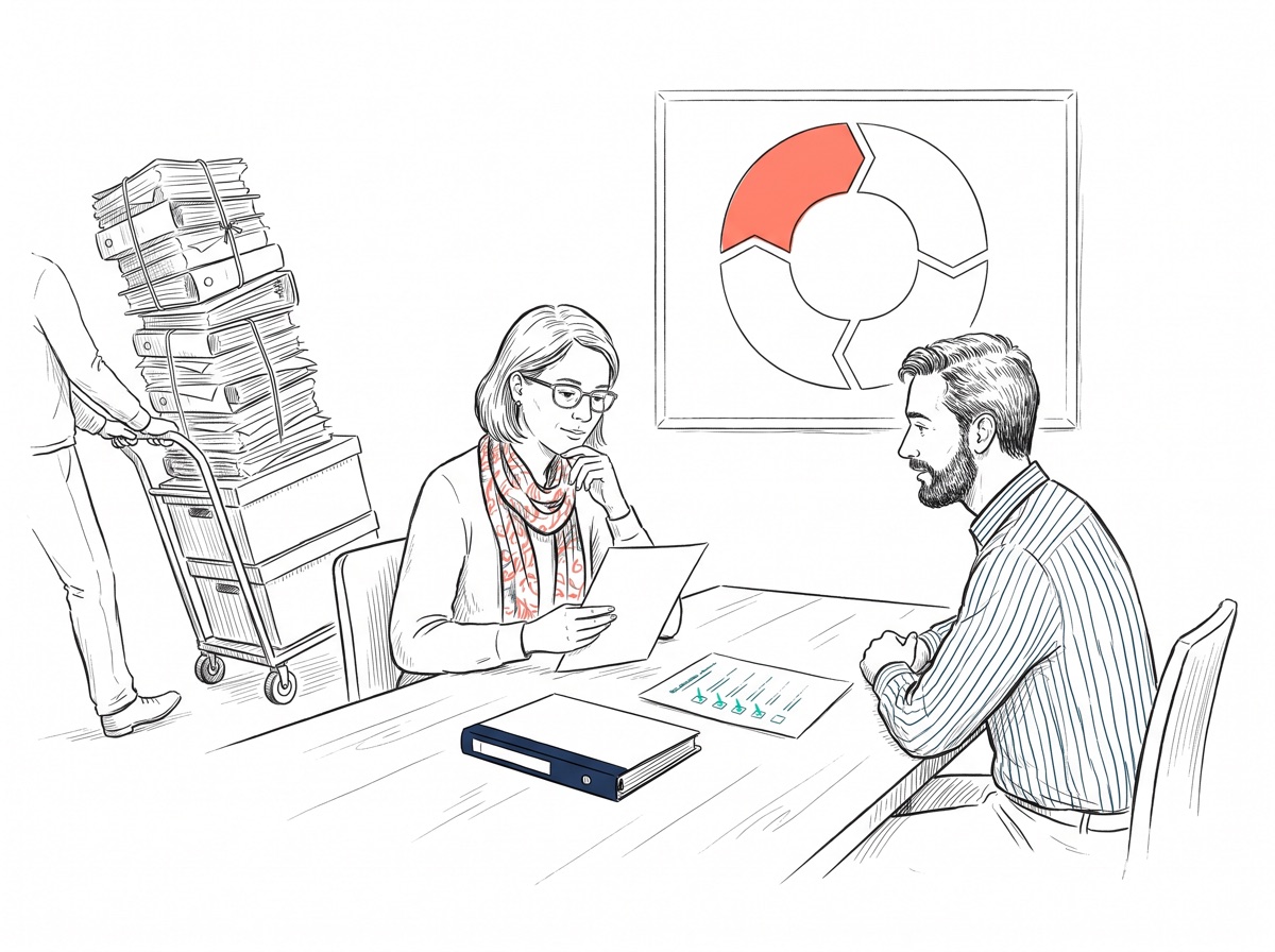 Handgezeichnete Illustration: Ruhiges Audit-Gespräch am Tisch mit einem schlanken Ordner und abgehakter Checkliste, während im Hintergrund ein Turm alter Papierordner weggerollt wird