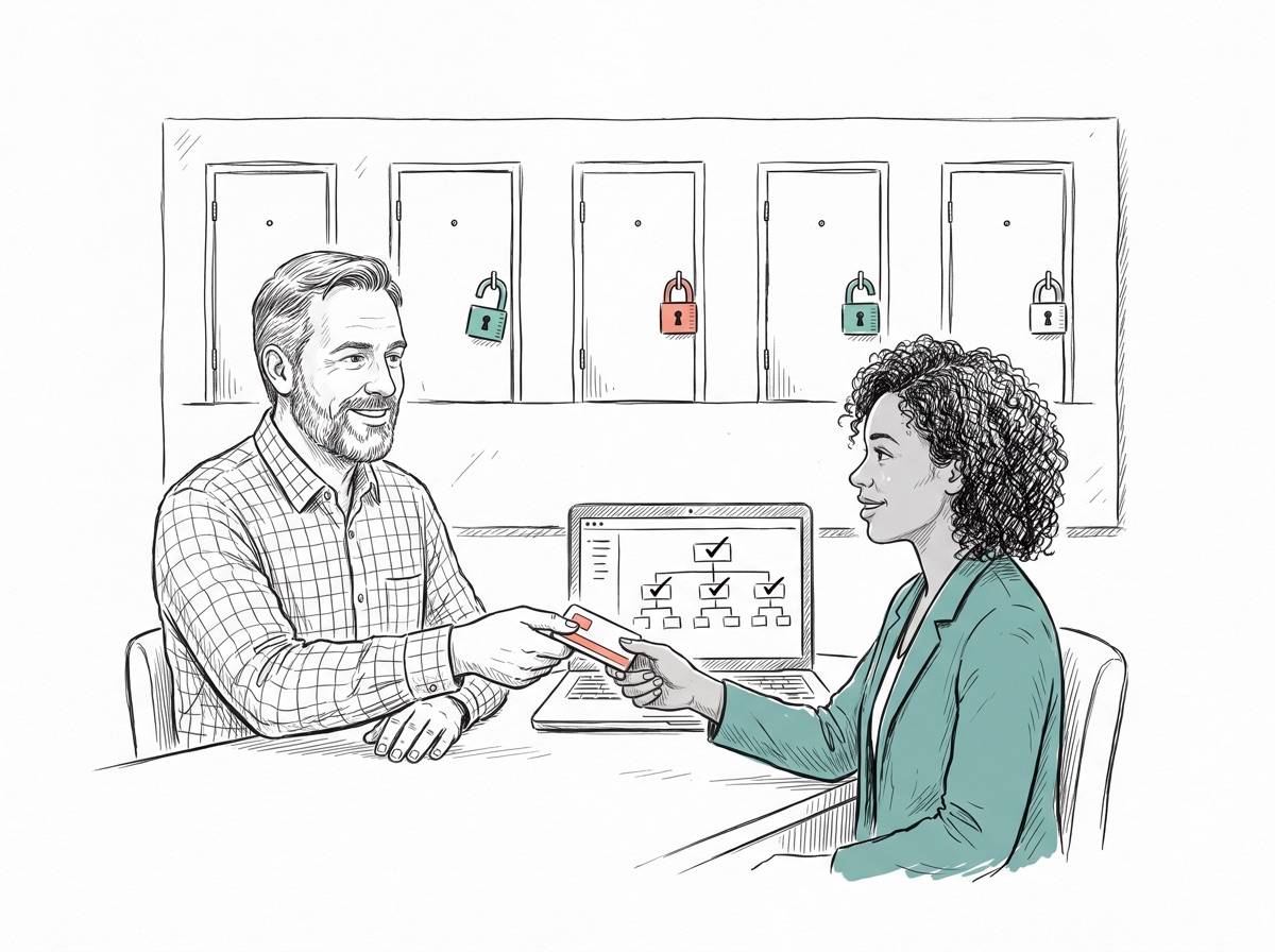 Handgezeichnete Illustration: Ein IT-Administrator übergibt einer neuen Kollegin ihre Zugangskarte, dahinter eine Reihe skizzierter Türen mit Schlössern — zwei geöffnet, eines geschlossen
