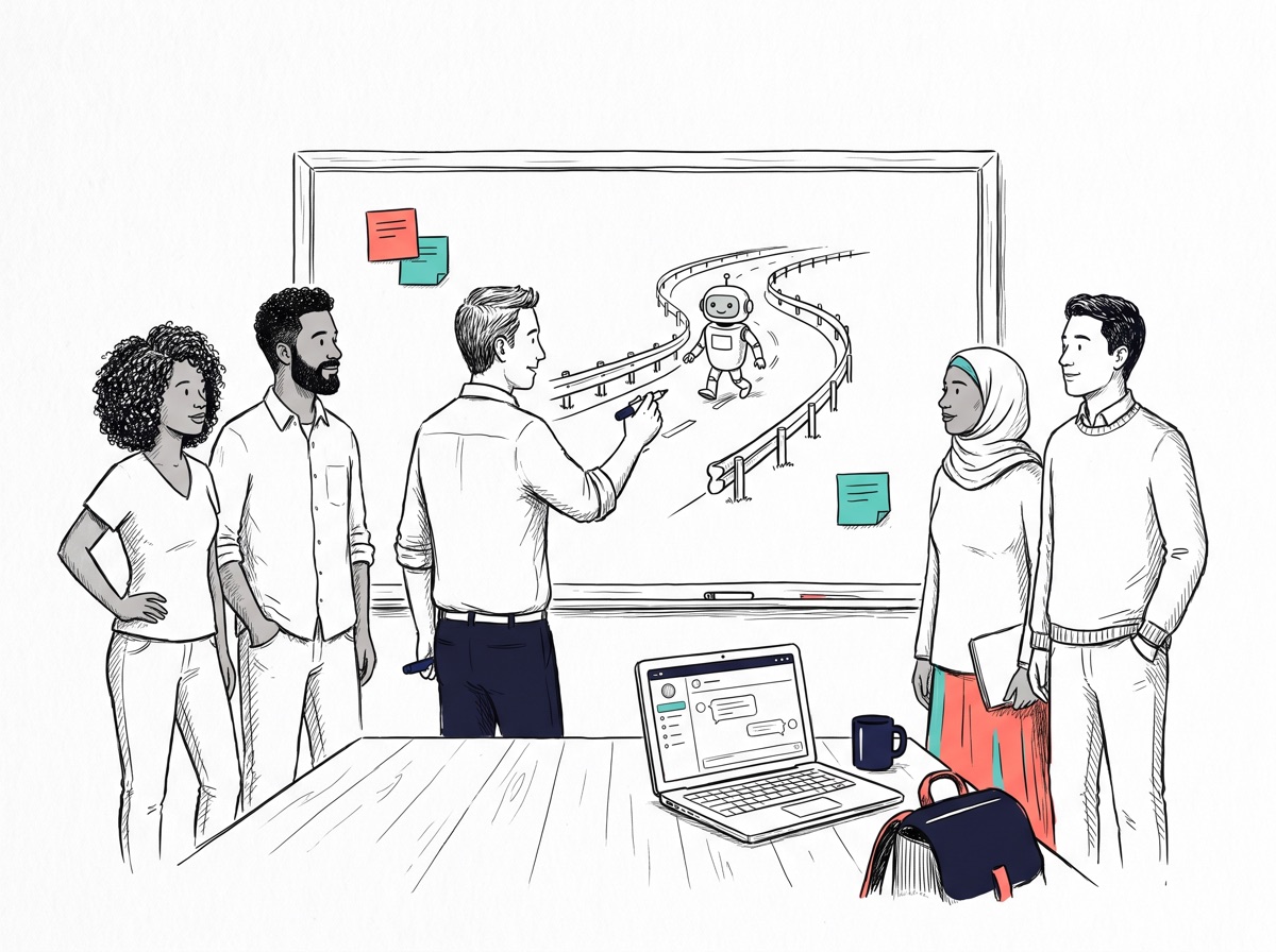 Handgezeichnete Illustration: Ein Team am Whiteboard, auf dem eine Beraterin eine Straße mit Leitplanken zeichnet — dazwischen läuft ein kleiner Roboter sicher seinen Weg
