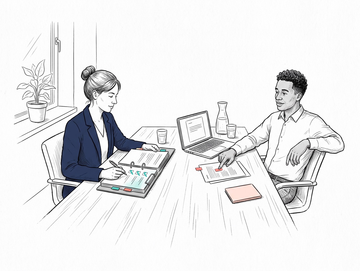 Handgezeichnete Illustration: Eine Auditorin hakt an einem Besprechungstisch Punkte auf einem Klemmbrett ab, während der Informationssicherheitsbeauftragte entspannt auf eine Seite in einem Ordner mit farbigen Registern zeigt