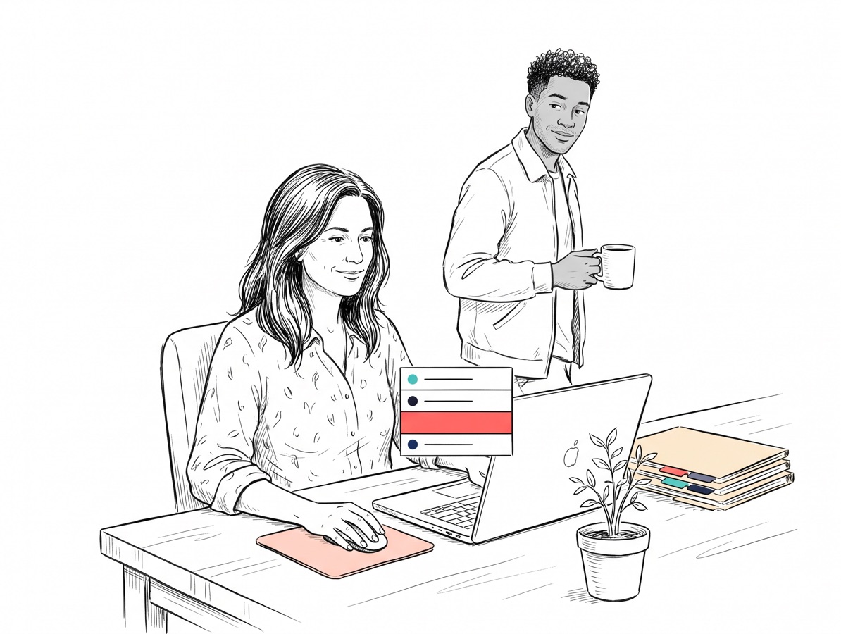 Handgezeichnete Illustration: Eine Mitarbeiterin wählt am Laptop entspannt einen Eintrag aus einem Dropdown mit vier Stufen, ein Kollege nickt im Vorbeigehen anerkennend