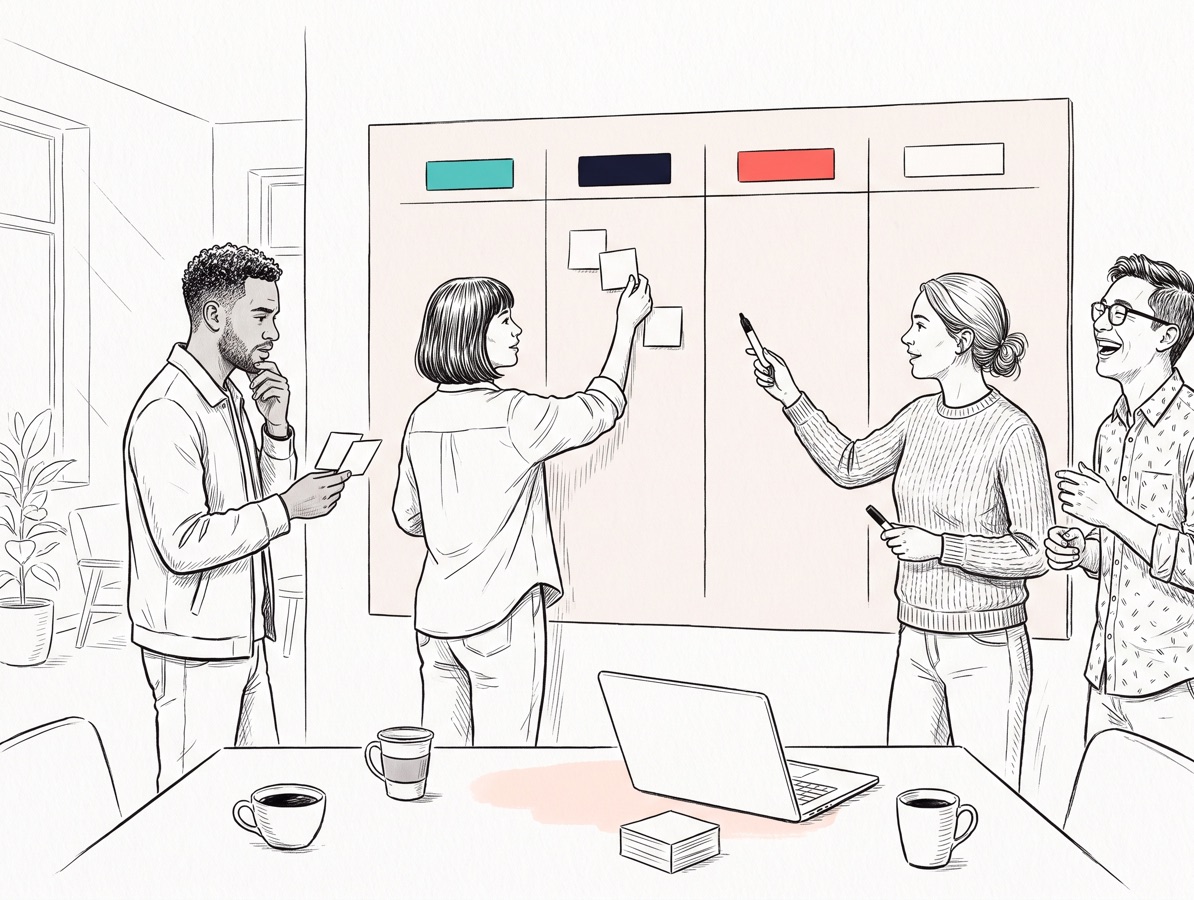 Handgezeichnete Illustration: Vier Personen aus verschiedenen Abteilungen sortieren in einem Workshop Karten an einer Wand in vier farbig markierte Spalten