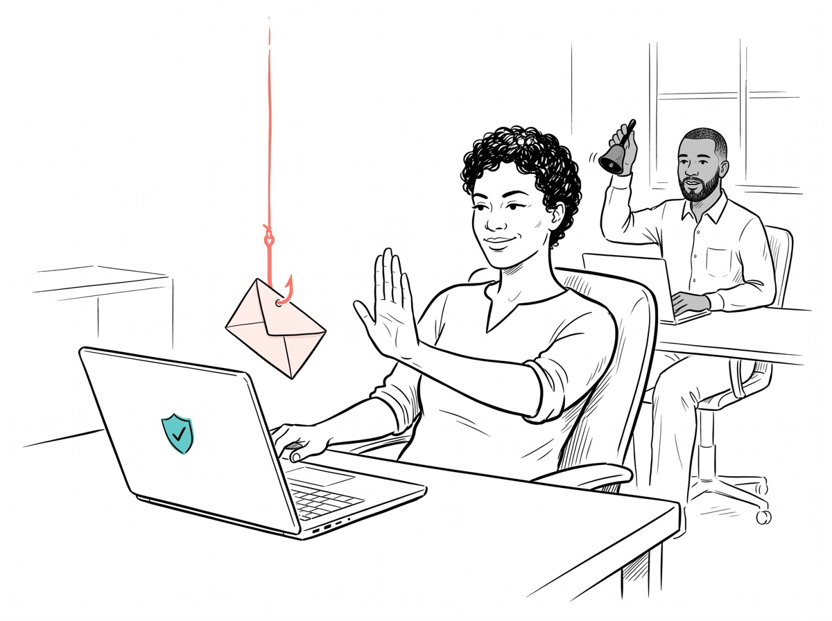Handgezeichnete Illustration: Vor dem Laptop einer Mitarbeiterin baumelt ein Briefumschlag an einem Angelhaken, sie lehnt sich zurück und hebt abwehrend die Hand, ein Kollege läutet eine kleine Meldeglocke