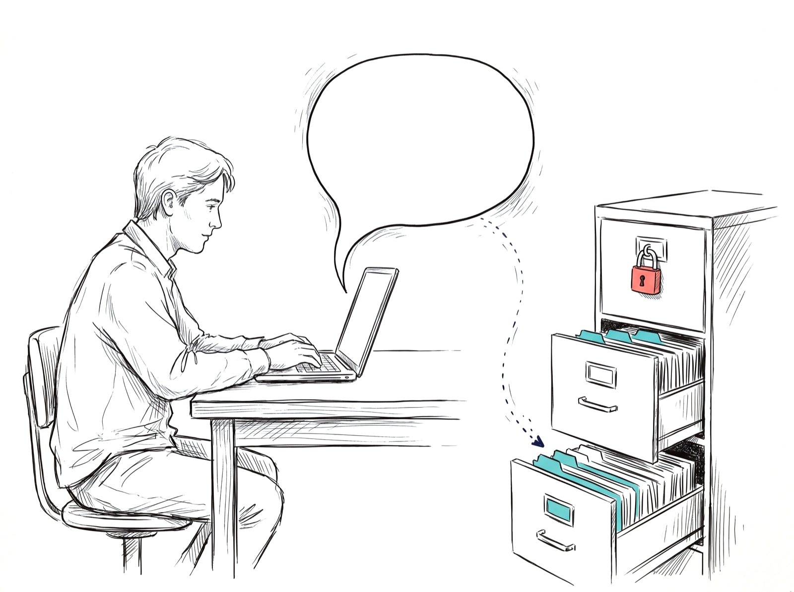 Handgezeichnete Illustration: Ein Mitarbeiter fragt am Laptop einen KI-Assistenten; der Assistent erreicht die offenen Schubladen des Aktenschranks, die oberste ist abgeschlossen