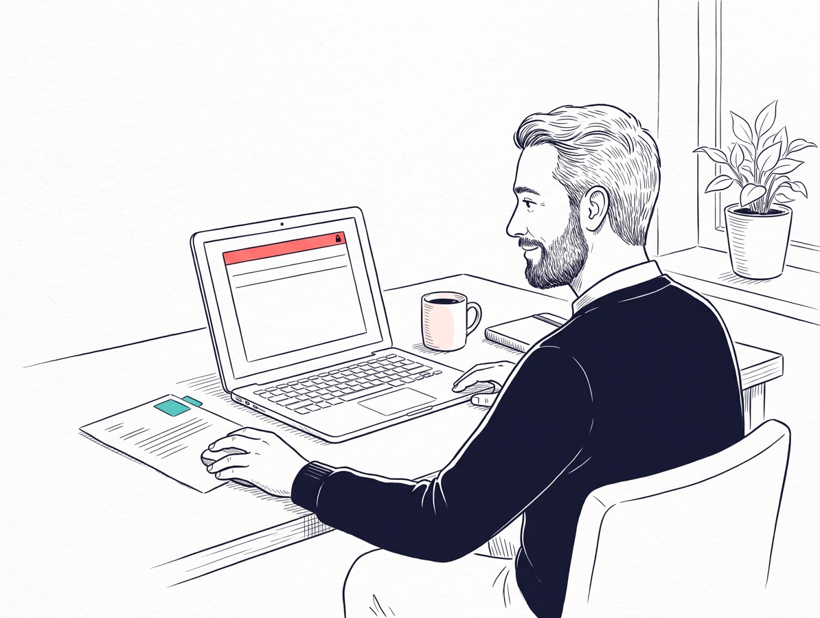 Handgezeichnete Illustration: Ein Mitarbeiter will eine E-Mail senden, über dem Nachrichtenfenster erscheint ein schmaler Hinweisbalken mit Schloss-Symbol. Er liest ihn gelassen