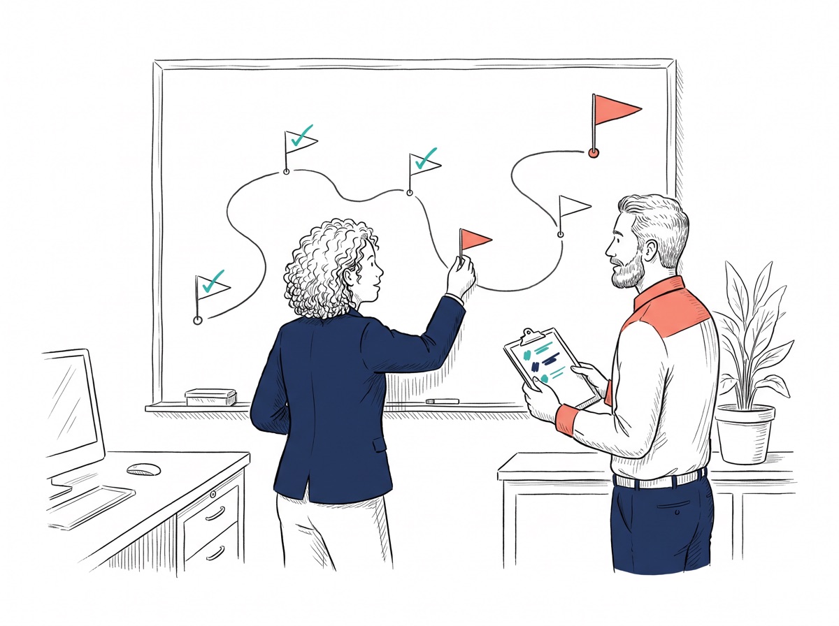 Handgezeichnete Illustration: Zwei Kolleg:innen stehen an einem Wandboard mit einer geschwungenen Route und Meilenstein-Fähnchen — drei Etappen sind abgehakt, eine Frau steckt das Fähnchen für die nächste