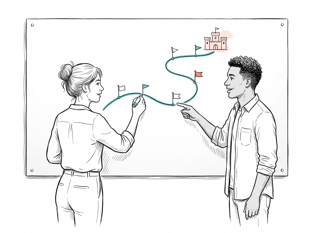 Handgezeichnete Illustration: Eine Frau zeichnet auf einem großen Planungsboard eine Roadmap-Route mit Meilenstein-Fähnchen zu einer kleinen Festung, ein Kollege zeigt auf den nächsten Meilenstein