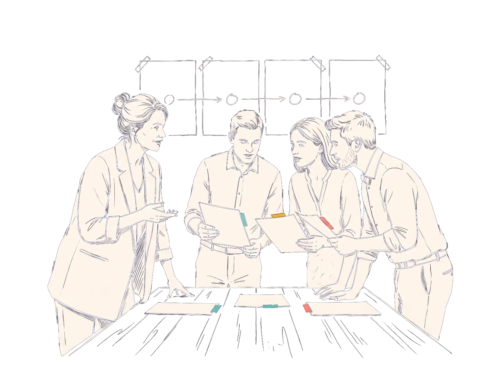 Handgezeichnete Illustration: Eine Moderatorin bespricht mit drei Kolleg:innen Dokumente mit farbigen Reitern, an der Wand hängt ein Zeitplan in vier Stufen