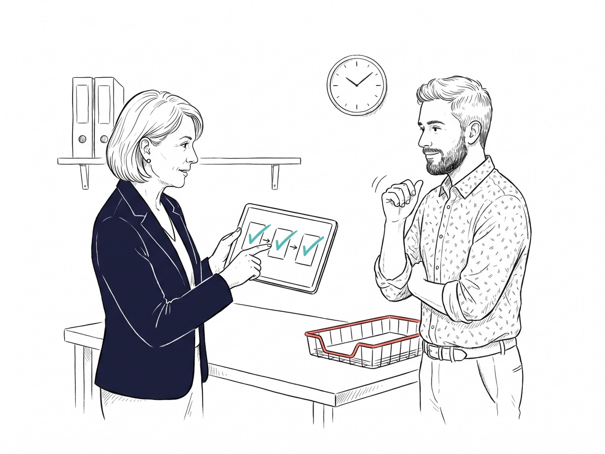 Handgezeichnete Illustration: Eine Kollegin zeigt einem Kollegen am Tablet einen dreistufigen Freigabe-Workflow mit Häkchen, der Papier-Eingangskorb auf dem Schreibtisch ist leer