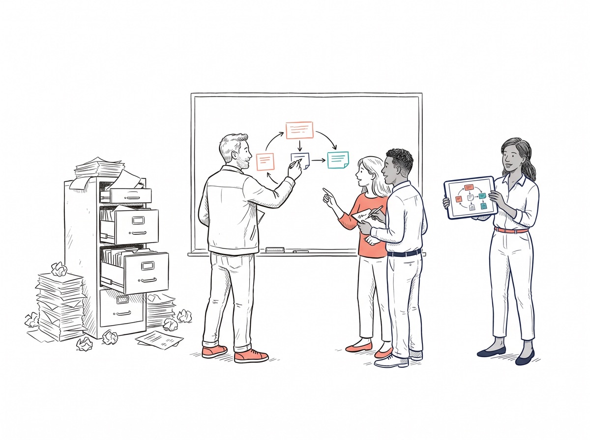 Handgezeichnete Illustration: Ein Berater erarbeitet mit einem Team am Whiteboard einen Prozessablauf — links ein Stapel Papierformulare, rechts derselbe Ablauf aufgeräumt auf einem Tablet