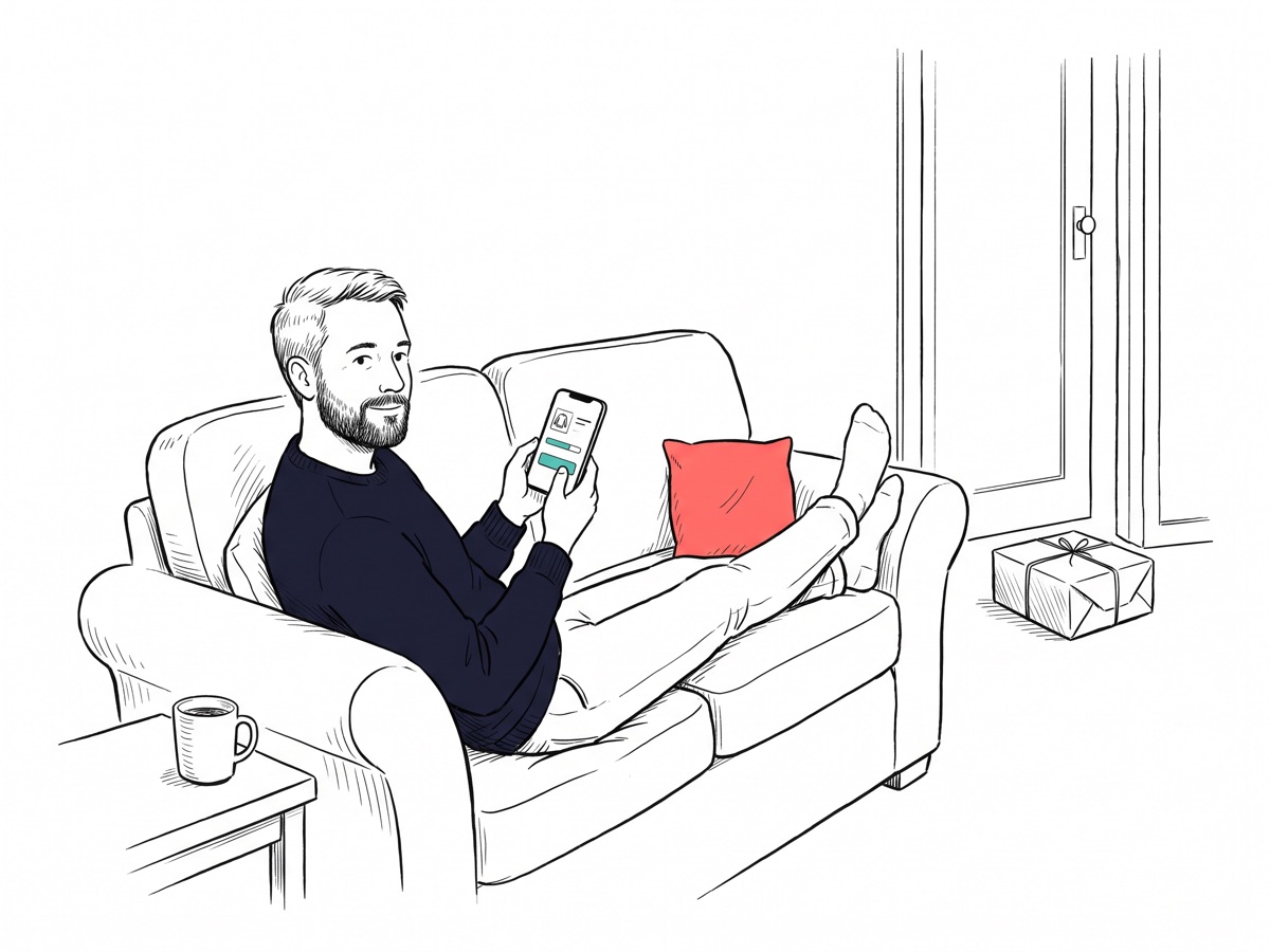 Handgezeichnete Illustration: Ein Kunde schließt entspannt auf dem Sofa einen Kauf per Smartphone ab — der Checkout zeigt nur Produkt, Fortschrittsbalken und einen Bezahl-Button