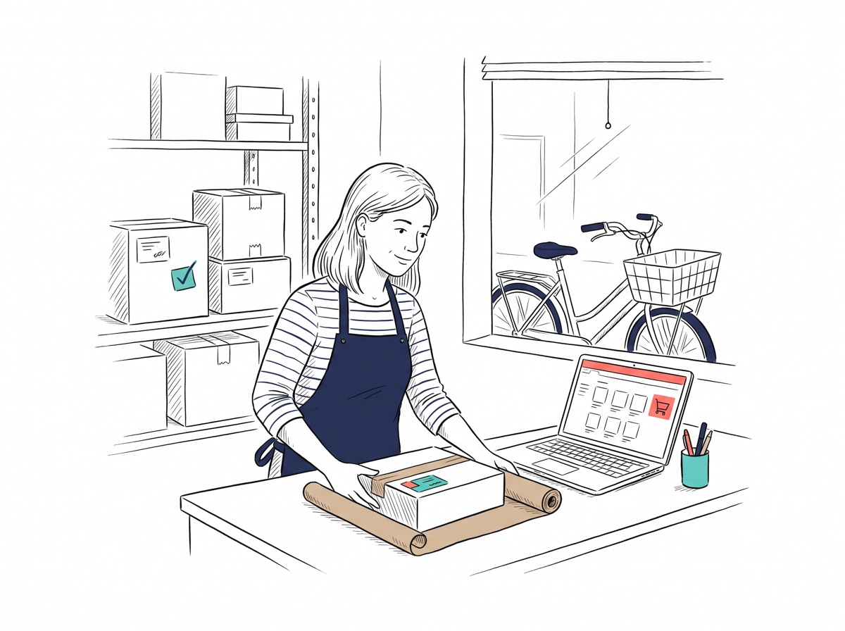 Handgezeichnete Illustration: Eine Shop-Inhaberin packt an der Theke ein Paket, daneben ein Laptop mit Online-Shop und Warenkorb-Symbol, im Regal gestapelte Pakete