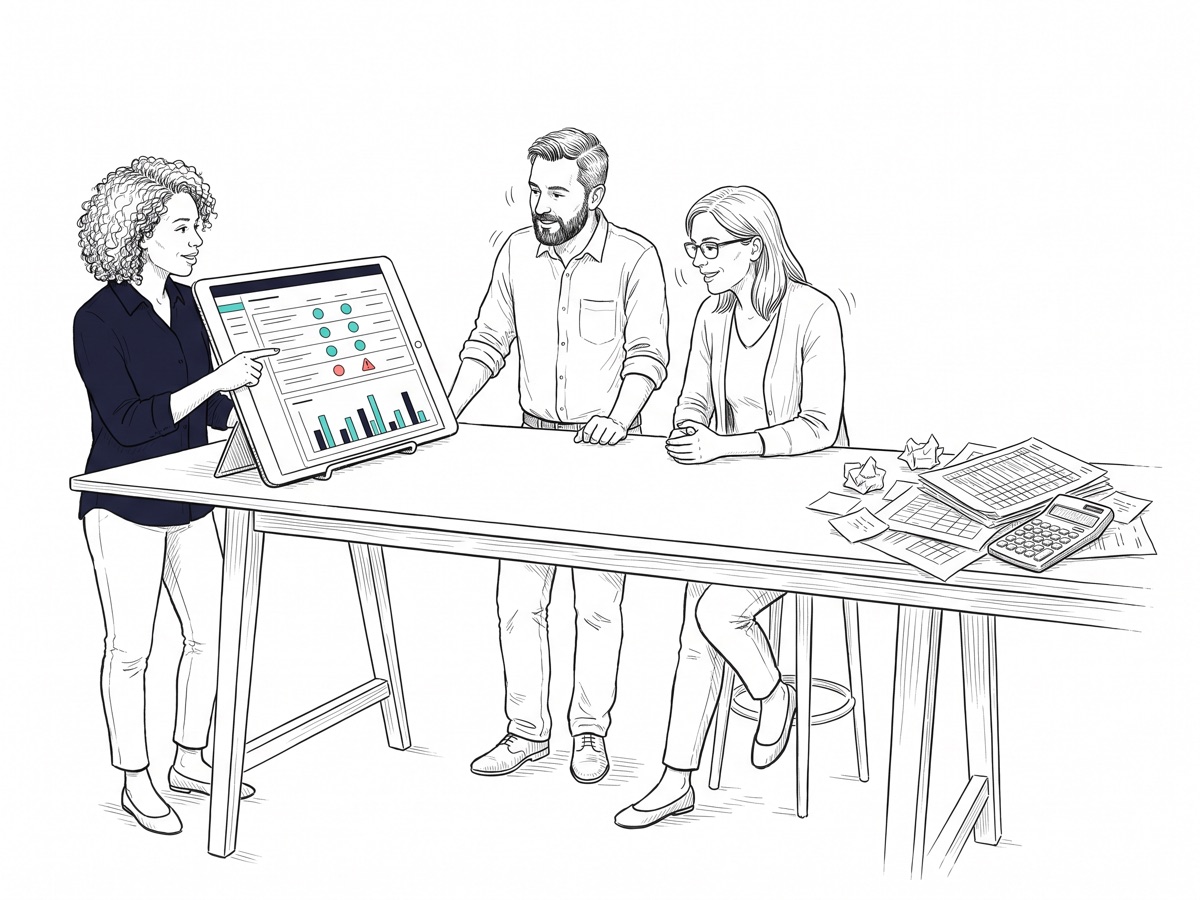 Handgezeichnete Illustration: Drei Kolleg:innen schauen an einem Stehtisch gemeinsam auf ein Tablet mit einem übersichtlichen Dashboard, am Tischrand liegt der alte Stapel Tabellenausdrucke und Haftnotizen