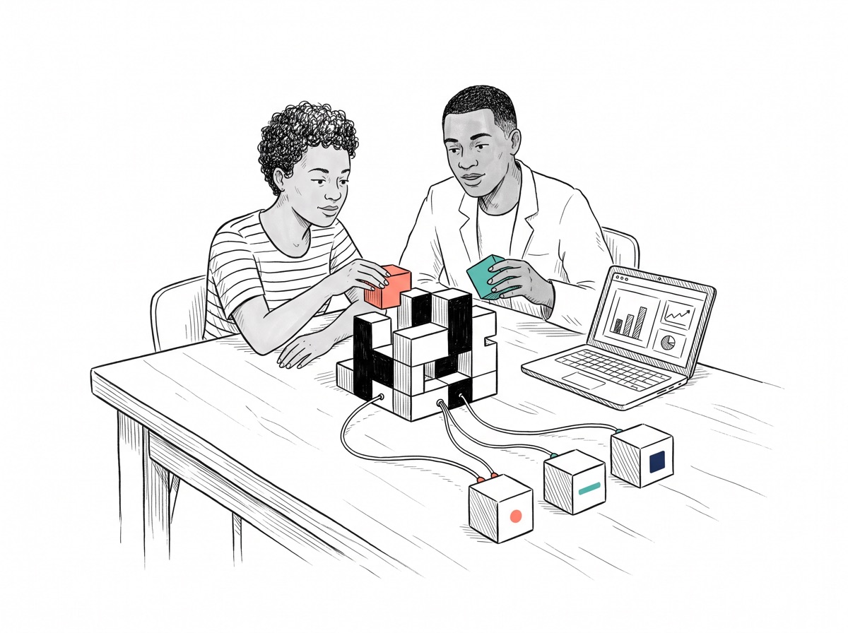 Handgezeichnete Illustration: Zwei Personen setzen an einem Tisch modulare Bausteine zu einem wachsenden Modell zusammen, das über Kabel mit kleineren Kästen am Tischrand verbunden ist