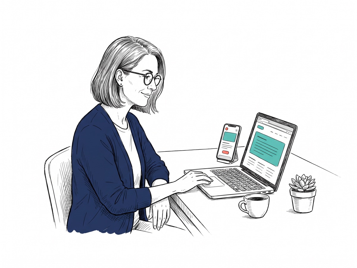 Handgezeichnete Illustration: Eine Marketing-Managerin pflegt entspannt selbst einen Text ihrer Website im CMS am Laptop, daneben zeigt ein Smartphone dieselbe Seite