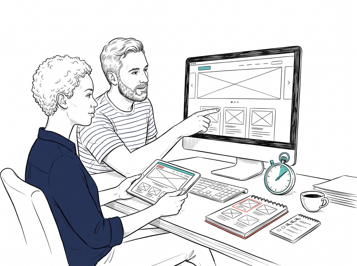 Handgezeichnete Illustration: Designerin und Entwickler am gemeinsamen Schreibtisch vor einem Monitor mit Website-Wireframe, daneben eine Stoppuhr und eine abgehakte Checkliste