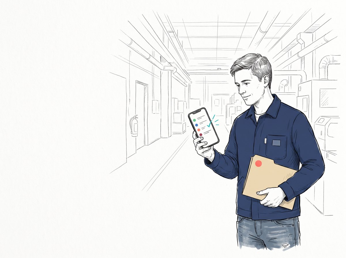 Handgezeichnete Illustration: Ein Mitarbeiter in Arbeitskleidung steht mit einer Mappe unter dem Arm in einer Werkhalle und prüft auf dem Smartphone, welche Handling-Regeln für die Klassifizierungsstufe gelten