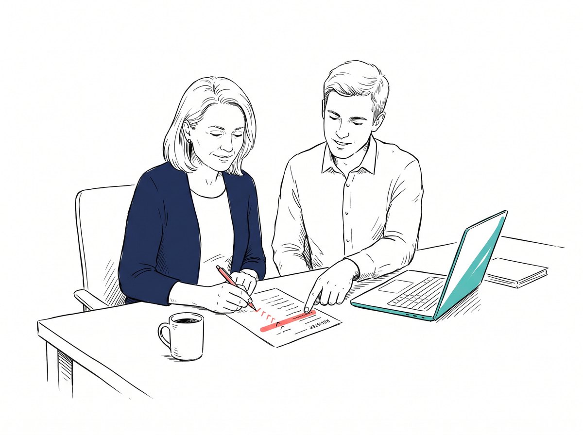 Handgezeichnete Illustration: Eine Bereichsleiterin und ein Informationssicherheitsbeauftragter gehen gemeinsam eine Registerliste durch und haken Einträge ab