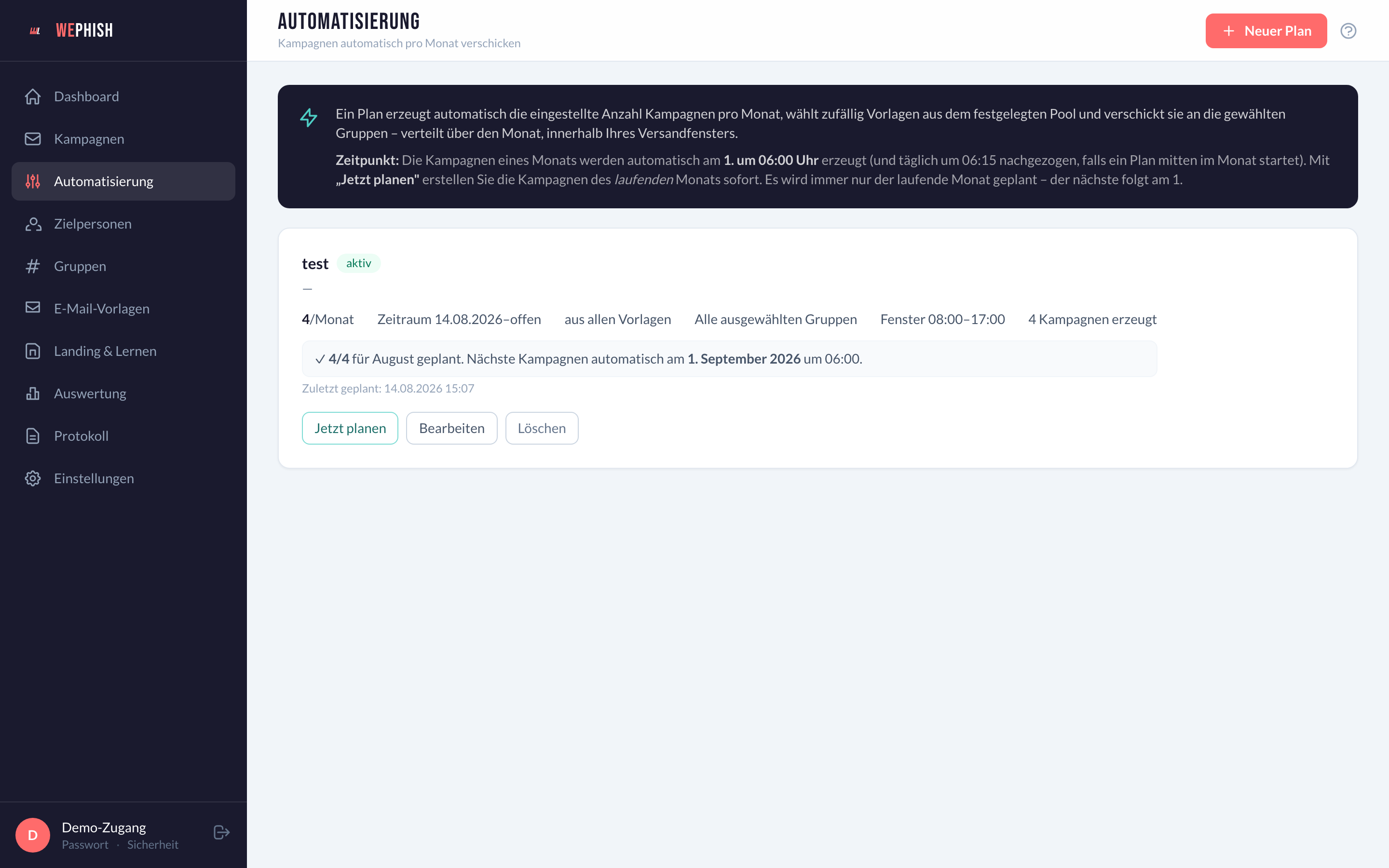 Automatisierung in WePhish: Kampagnen pro Monat, rotierende Gruppen und Versandfenster an Werktagen