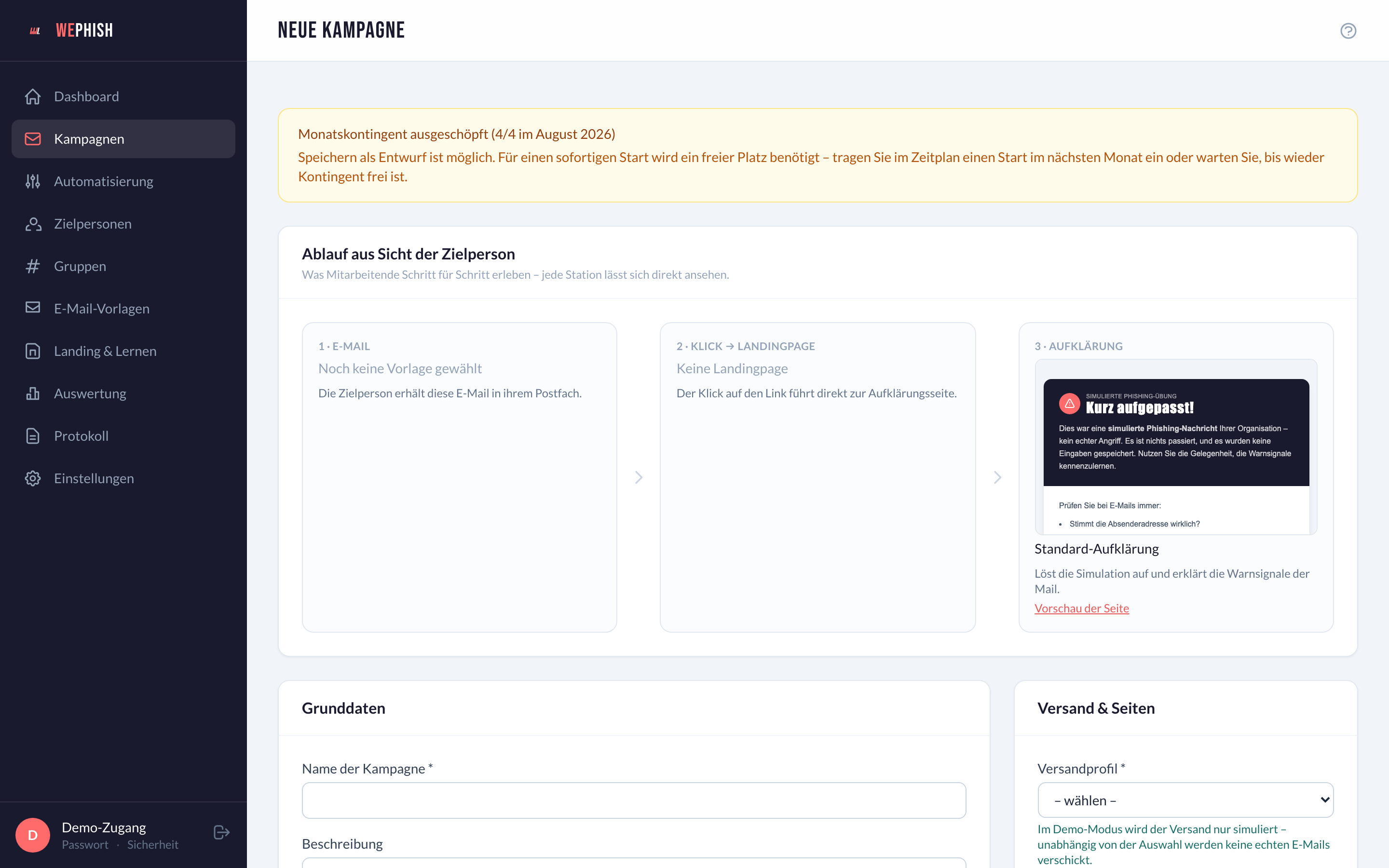 Kampagnen-Builder von WePhish mit Auswahl von Zielgruppe, Vorlagen und Zeitplan
