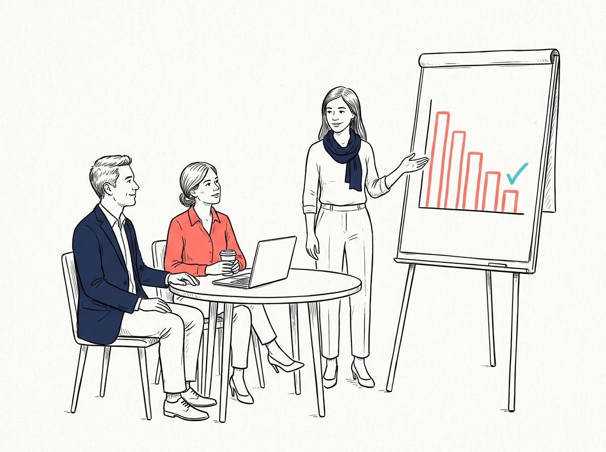 Handgezeichnete Illustration: Eine Beraterin präsentiert zwei Personen ein Flipchart mit sinkender Klickrate